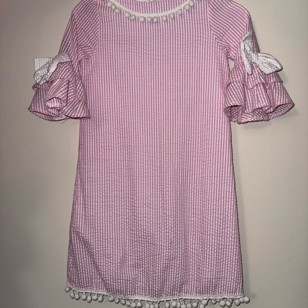 Pink Striped Dress with Pom Pom Trim